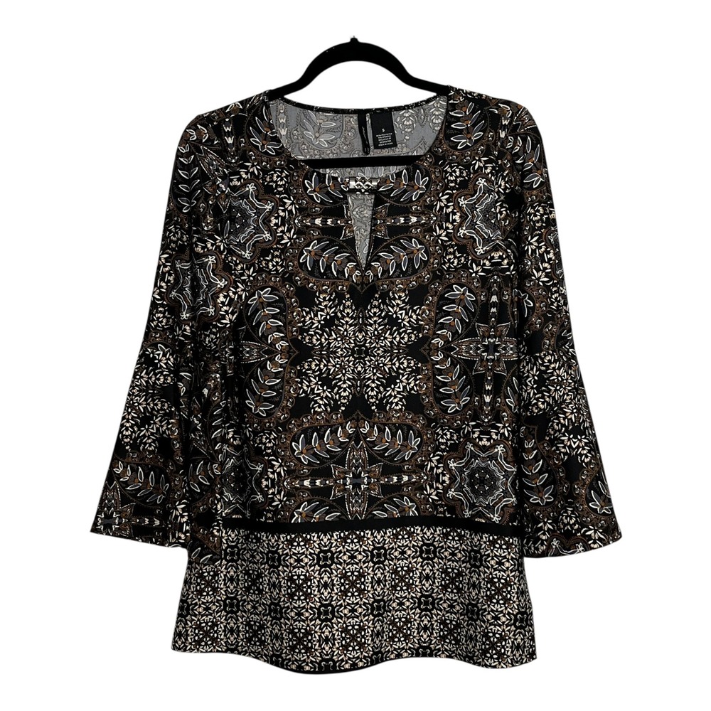 New Directions Womens Medallion Paisley Split Neck Bell Sleeve Top Black Brown S